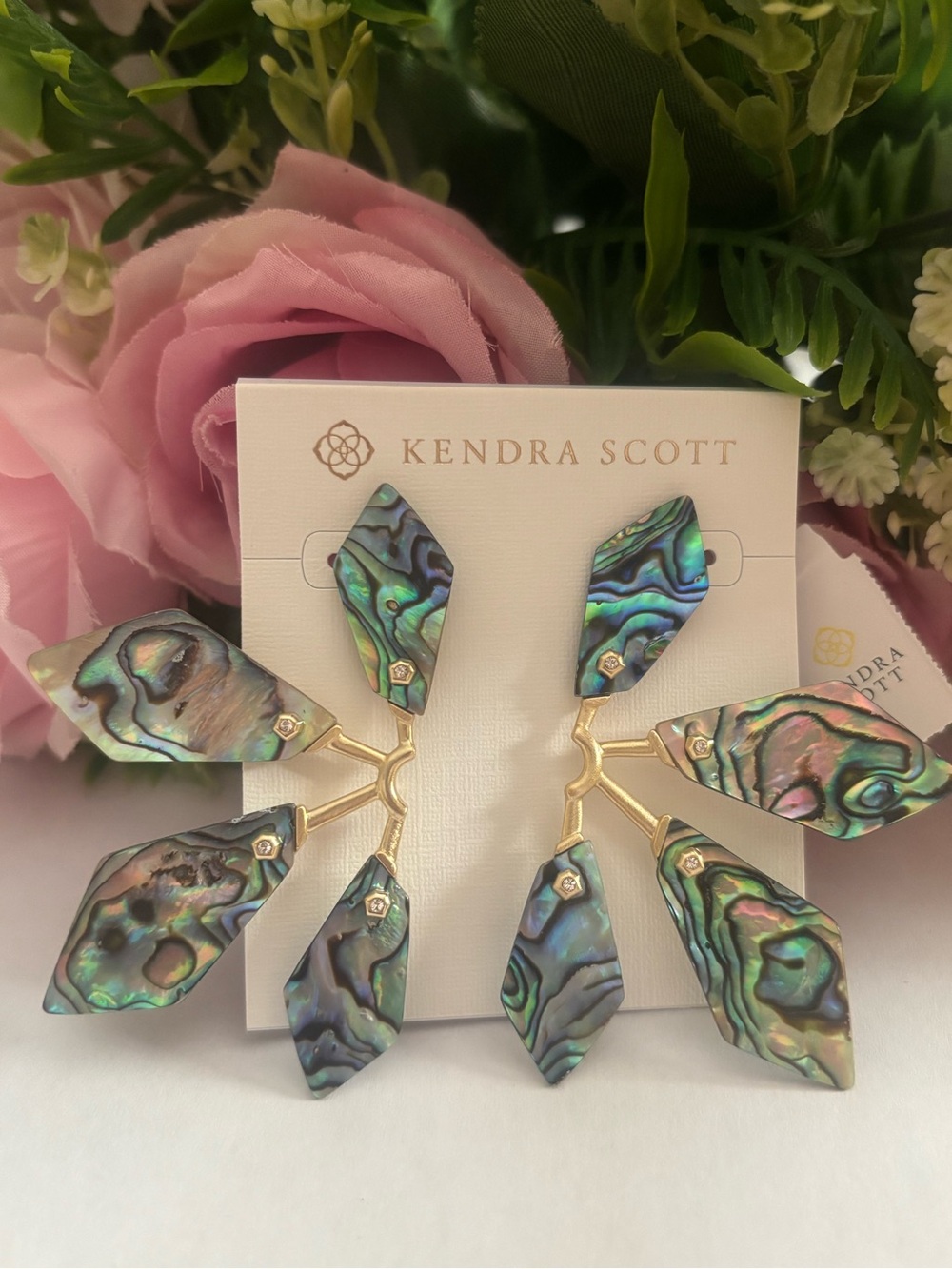 NWT Kendra Scott Malika Statement Earrings in Gold Abalone Shell